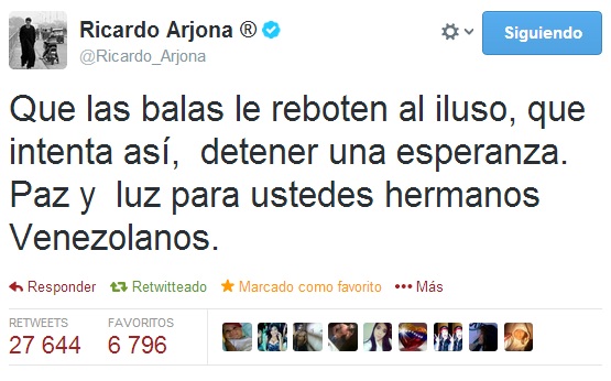 Ricardo Arjona expresa su apoyo a Venezuela